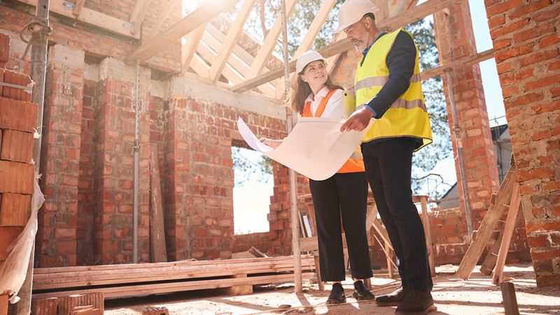 Two engineers reviewing building plans inside a partially framed house during construction.