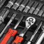 Socket set and hand tools organised in a protective tool case