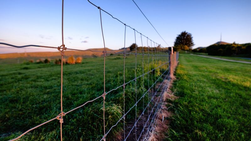 Looking along a steel fence in a rural setting at sunset with lush green paddocks on both sides of the fence