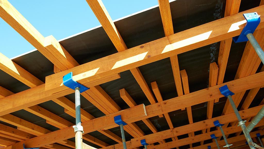 Formply roof structure held up by steel beams