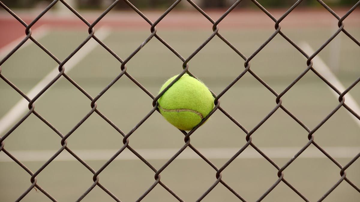 Tennis ball stuck in a chain mesh fence